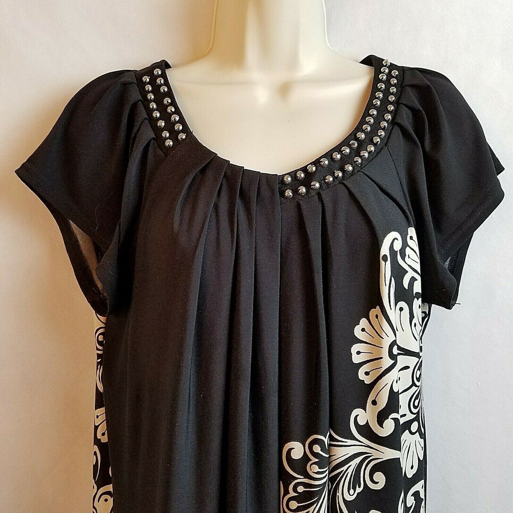Dressbarn Womens Black White Paisley Studded Pleated Shift Dress 10 Boho Classic - Picture 3 of 6